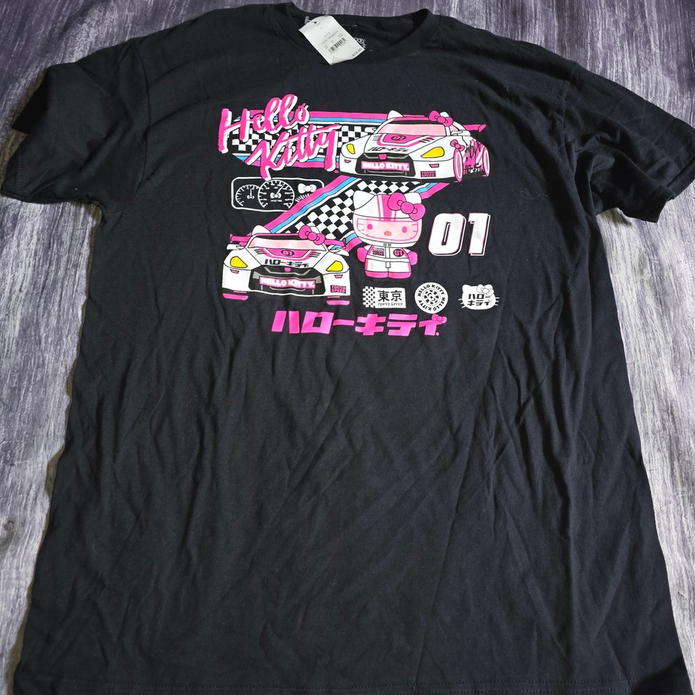 Sanrio Hello Kitty Tokyo Speed Racing Graphic T-Shirt Black Mens Unisex Large